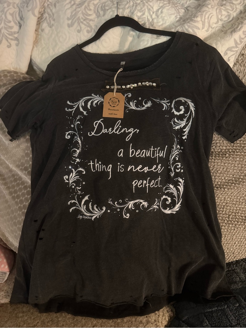 NWT A Rare Bird Embellished Tee Darling Script Graphic Short Sleeve Tee - Black